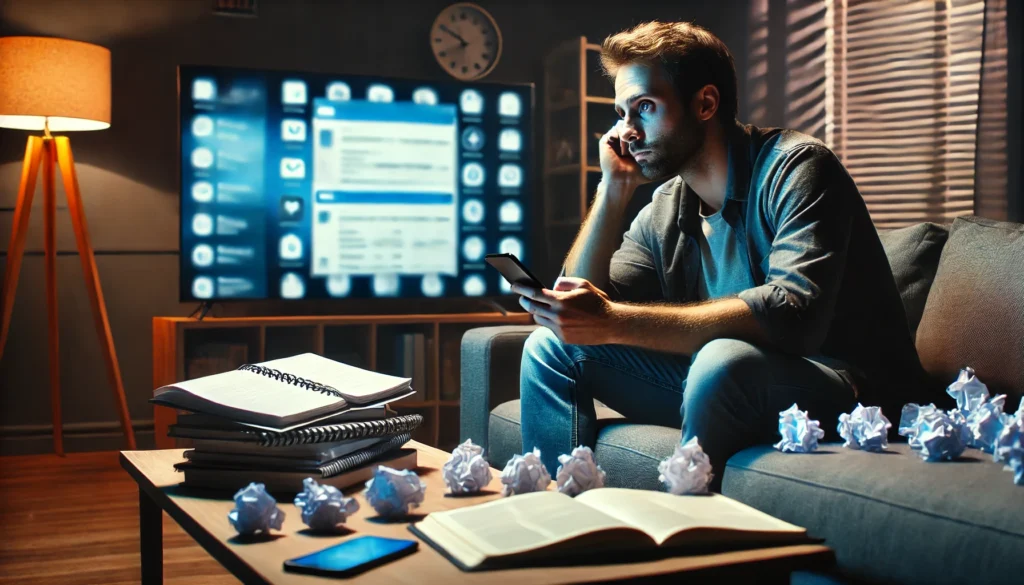 A man in his 30s sits distracted on a couch, holding a smartphone while a TV glows in the background, surrounded by scattered notebooks—capturing digital overload and the inability to focus.