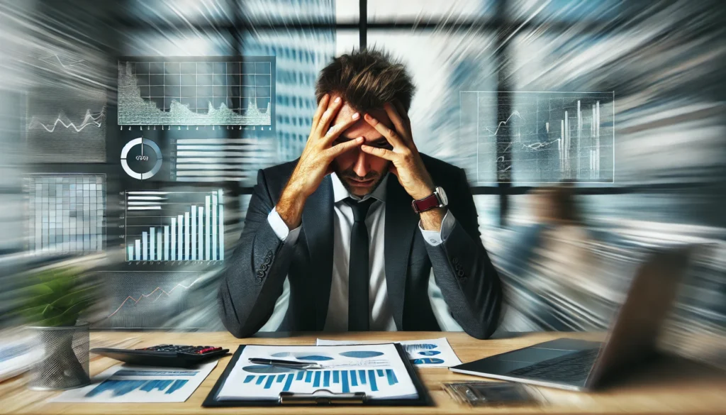 A professionally dressed man appears overwhelmed at his office desk, holding his head while blurry motion around him represents workplace stress, burnout, and cognitive overload.
