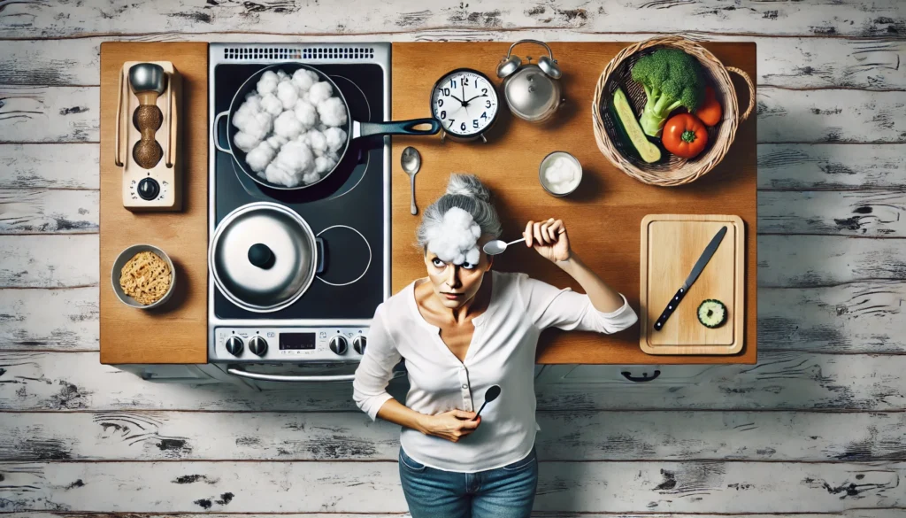 An adult woman in a modern kitchen pauses mid-task, blankly staring while holding a spoon, as a pot boils and vegetables remain half-prepared—depicting forgetfulness and inattention in daily life.