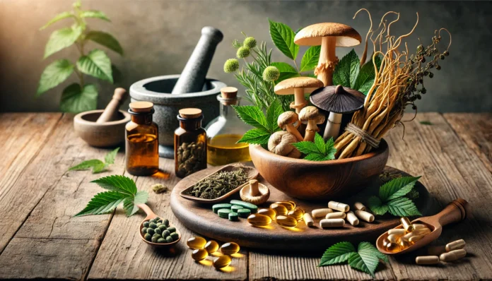 Natural nootropic ingredients, including ginseng, lion's mane mushrooms, green tea leaves, and omega-3 capsules arranged on a rustic wooden surface, evoking themes of brain health, energy, and longevity.
