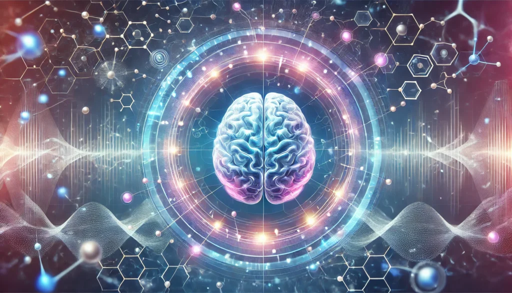 Futuristic digital illustration of a glowing human brain surrounded by molecular structures and neuron pathways, symbolizing scientific research into cognitive enhancement and focus supplements.