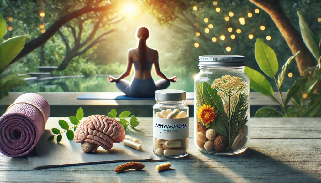 A person meditating outdoors in a sunlit natural setting with herbal brain supplements like ashwagandha and rhodiola rosea nearby, portraying a holistic approach to focus and longevity.