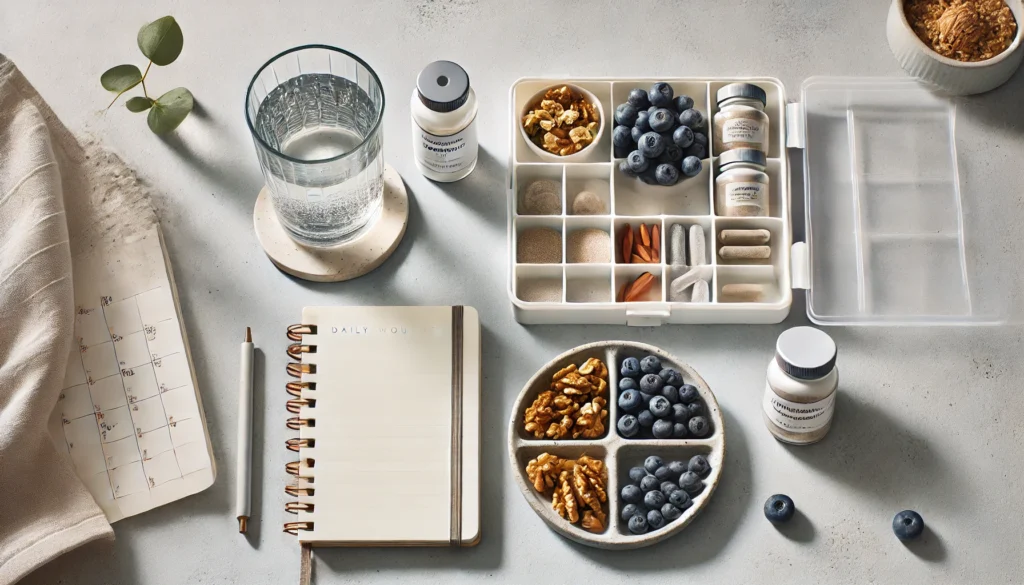 Minimalist flat lay featuring a wellness routine with a journal, glass of nootropic drink, blueberries, walnuts, and a daily supplement organizer, emphasizing clarity, brain health, and energy.