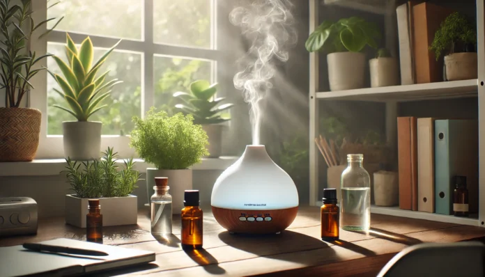 A modern workspace with a diffuser emitting mist, surrounded by essential oils like rosemary and lemon, bathed in natural light and greenery, symbolizing mental clarity through aromatherapy.