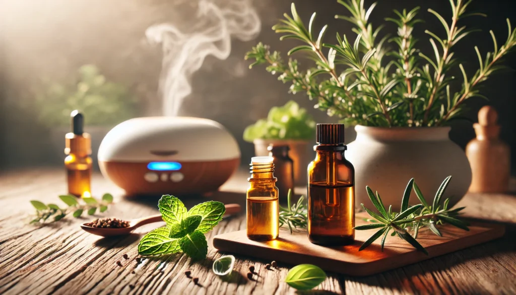 A close-up of a wooden table with peppermint, rosemary, and basil herbs next to essential oil bottles and a misting diffuser, creating a peaceful and energizing aromatherapy setup for focus.