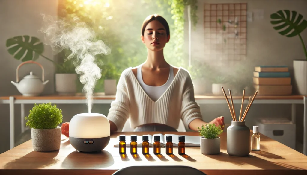 A person meditating at a minimalist desk beside a diffuser and essential oils, with natural light and plants in the background, illustrating aromatherapy’s calming effect on mental clarity and concentration.