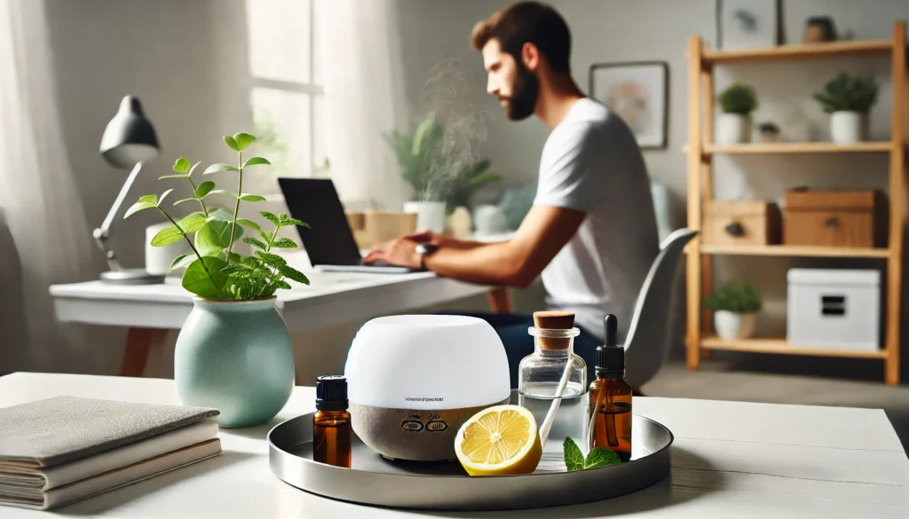 A clean home office scene with a diffuser and eucalyptus, lemon, and peppermint essential oils beside a tray, while a focused person works on a laptop, showcasing productivity supported by aromatherapy.