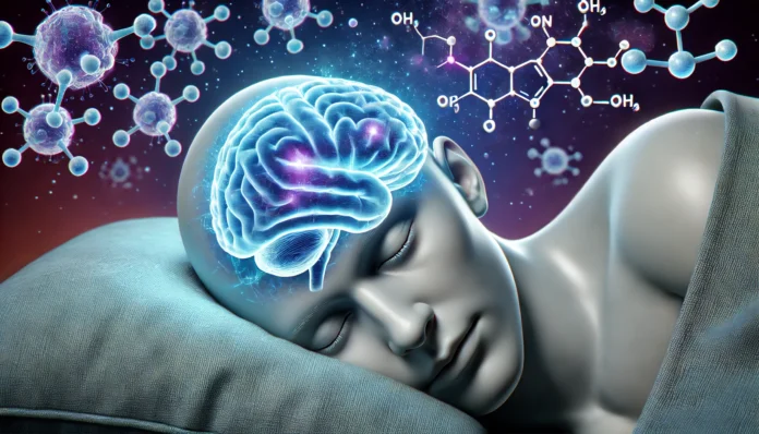 A 3D render of a translucent human head on a pillow with illuminated brain activity and floating chemical structures around it, representing how the brain’s sleep chemicals affect human sleep and longevity.