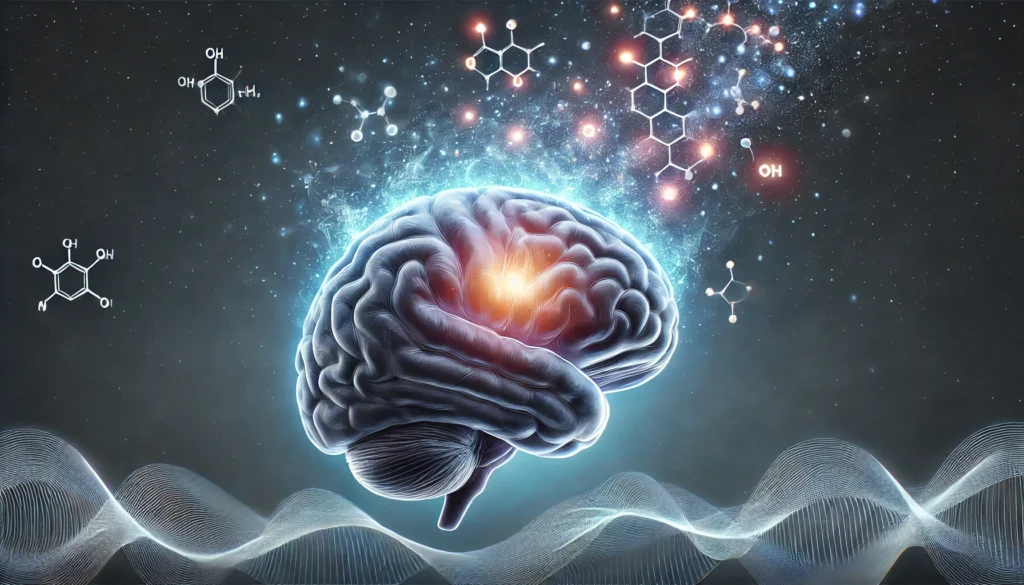 A detailed digital painting of the human pineal gland glowing within a transparent brain at night, symbolizing melatonin release and the brain’s sleep chemical activity in a calm, dark environment.