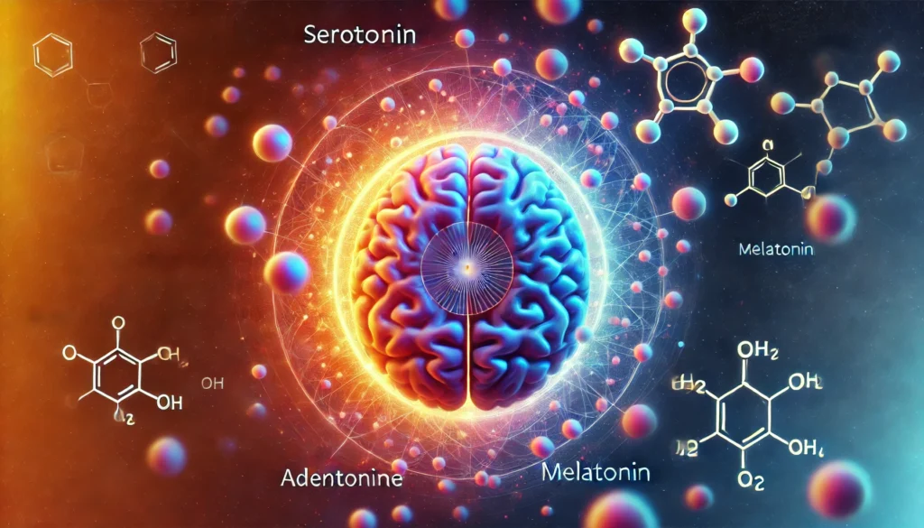 An abstract depiction of the sleep-wake cycle within the brain, showing circular neural activity patterns and orbiting molecules such as serotonin, adenosine, and melatonin against a gradient from day to night.