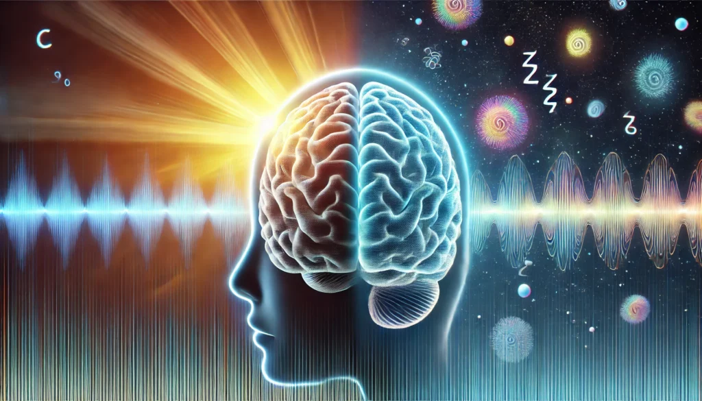A conceptual digital illustration of the brain transitioning from wakefulness to sleep, with one hemisphere lit by sunlight and fast brain waves, while the other is dark with melatonin molecules and slow waves, symbolizing the sleep-wake cycle.