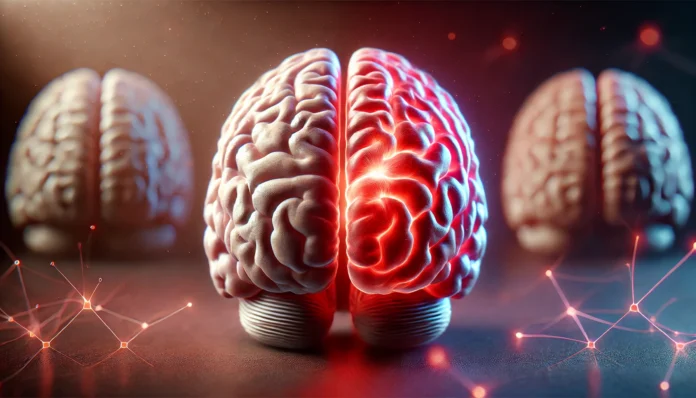 Cross-sectional view of a human brain with the amygdala glowing in red, set against a moody ambient background to depict emotional depth and introspection.