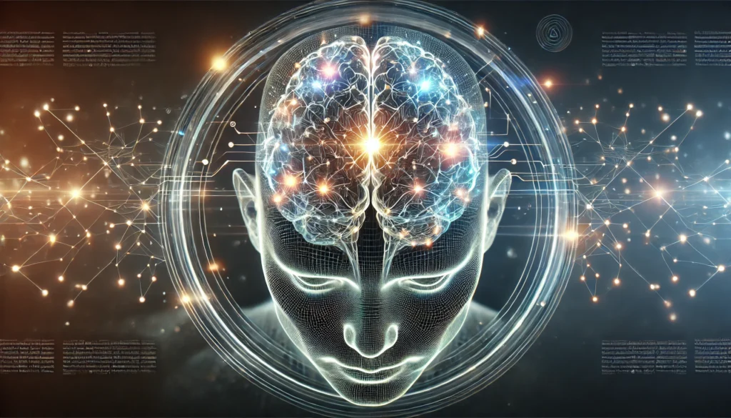 Futuristic digital illustration of a holographic brain with interconnected neural pathways and a bright amygdala node, emphasizing advanced neuroscience and emotion mapping.