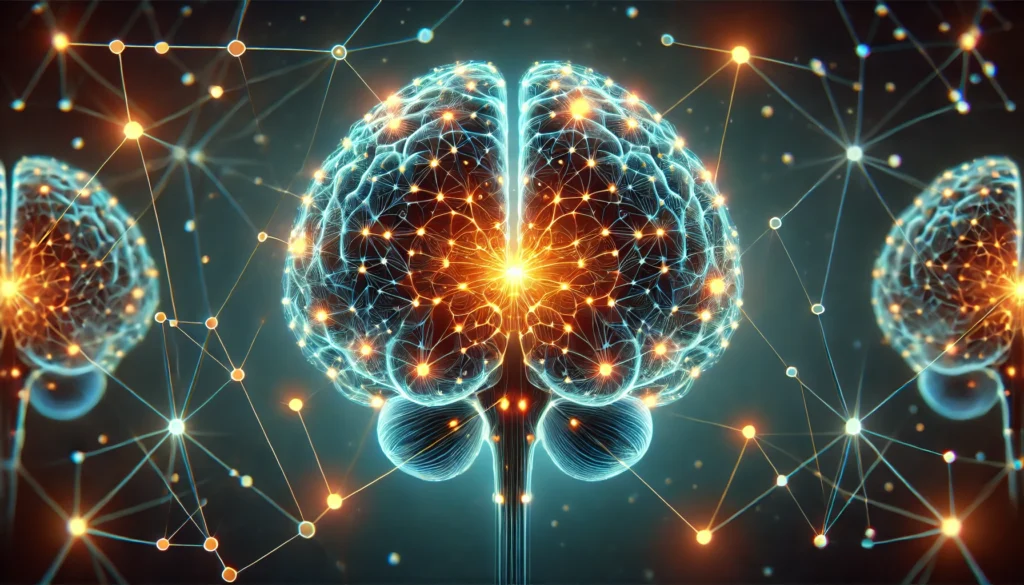 Stylized neural network visualization showing the emotional brain circuits with the amygdala highlighted in orange, surrounded by the prefrontal cortex and hippocampus.