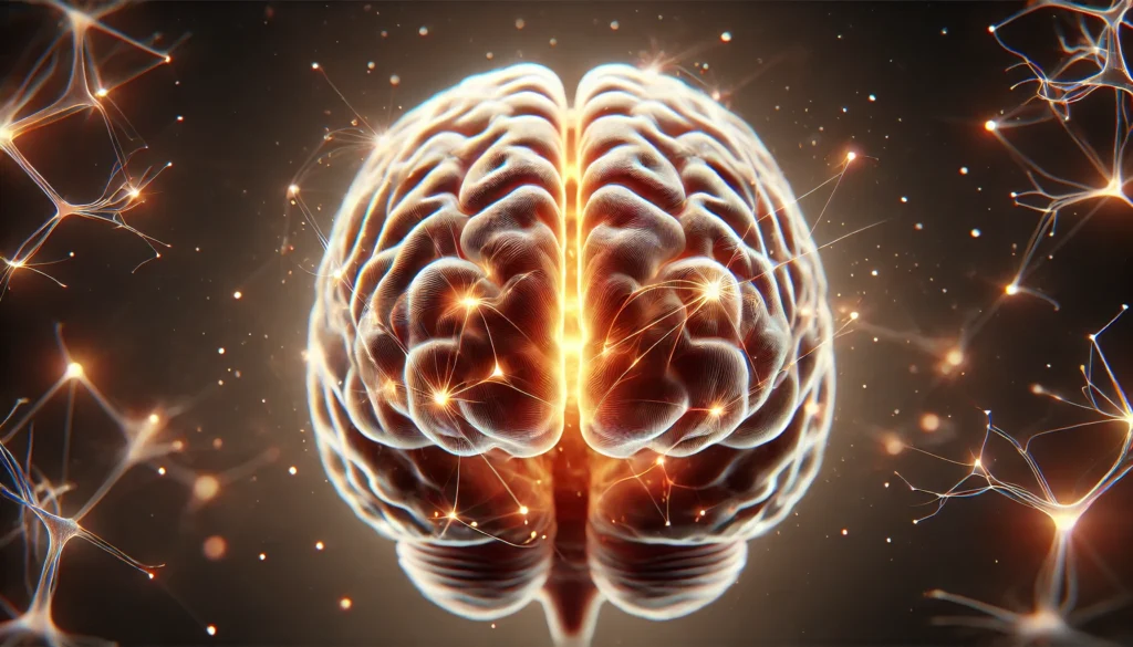 3D rendering of a human brain with glowing neural pathways and an illuminated amygdala at its center, symbolizing emotional processing and neural connectivity.
