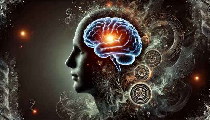 A transparent human head revealing a glowing brain under pressure, with surrounding abstract elements like smoke and cracked textures symbolizing cognitive strain from chronic stress.