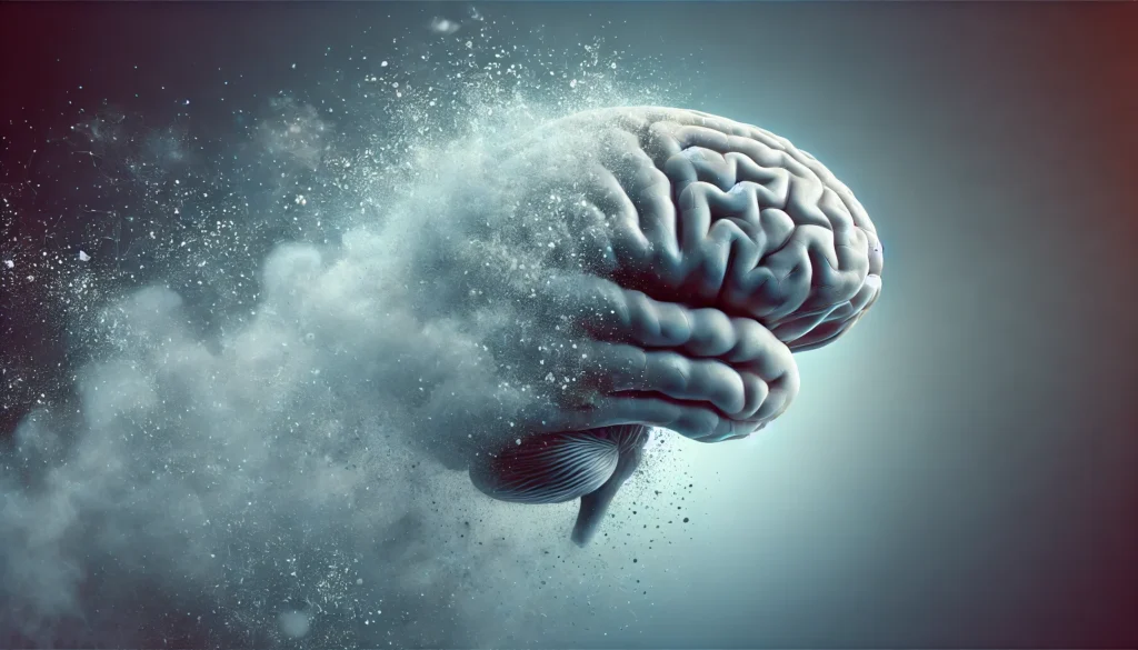 A realistic brain dissolving into mist and particles, visually representing brain cell loss, memory decline, and emotional exhaustion from prolonged stress.