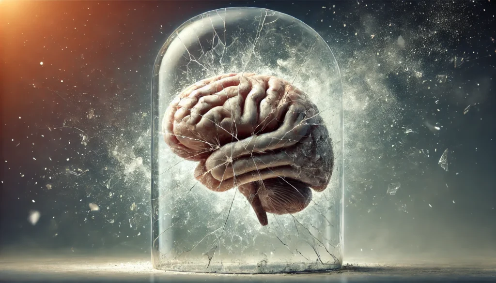 A realistic brain encased in cracked glass, symbolizing the fragility of cognitive health under persistent psychological pressure from chronic stress.