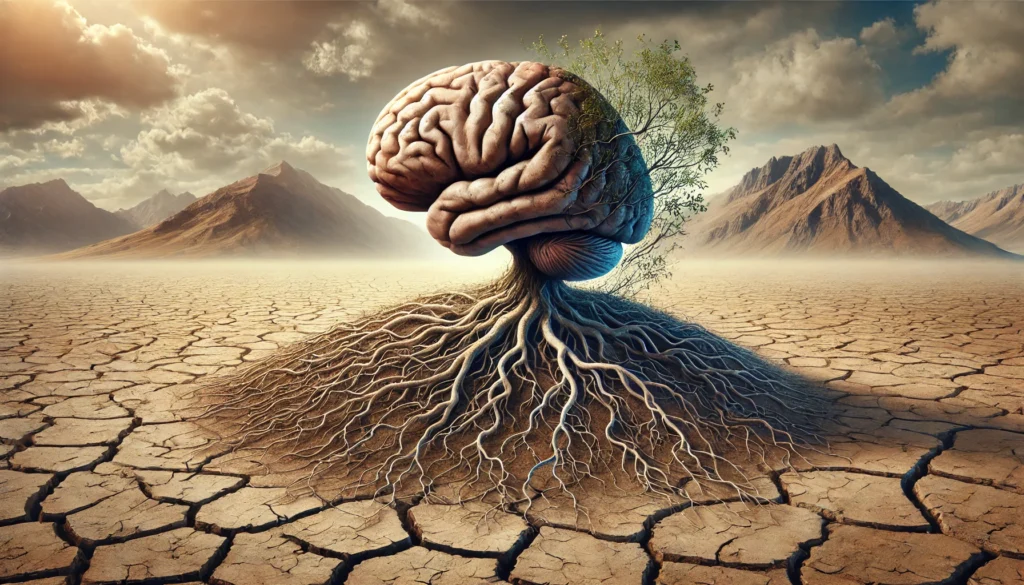 A human brain with roots embedded in dry, cracked earth, representing how long-term stress can take root in the body and deeply affect mental and emotional resilience.