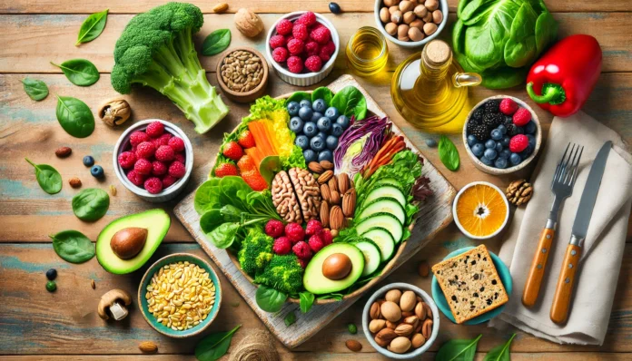 Colorful brain-healthy meal featuring leafy greens, berries, nuts, and whole grains arranged on a rustic wooden table, representing nutrient-rich foods in the MIND diet.