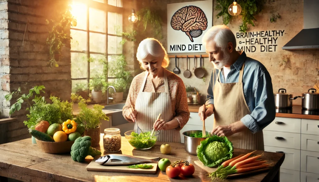 Elderly couple preparing a fresh MIND diet meal in a sunlit, cozy kitchen, highlighting healthy aging and shared commitment to cognitive well-being.