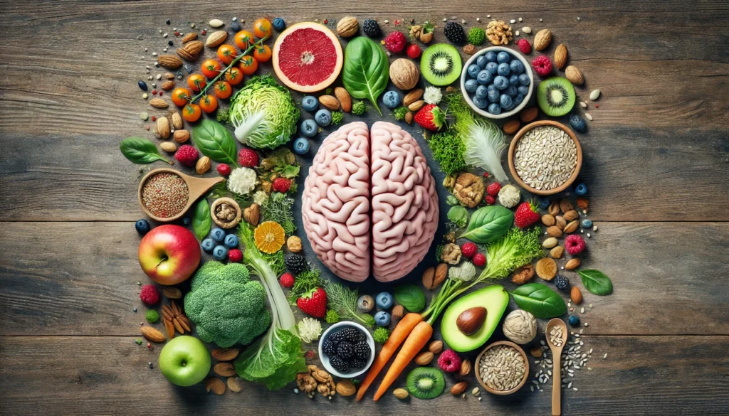 Artistic concept of a healthy human brain surrounded by MIND diet foods like greens, berries, and grains, symbolizing nutrition-driven brain longevity.