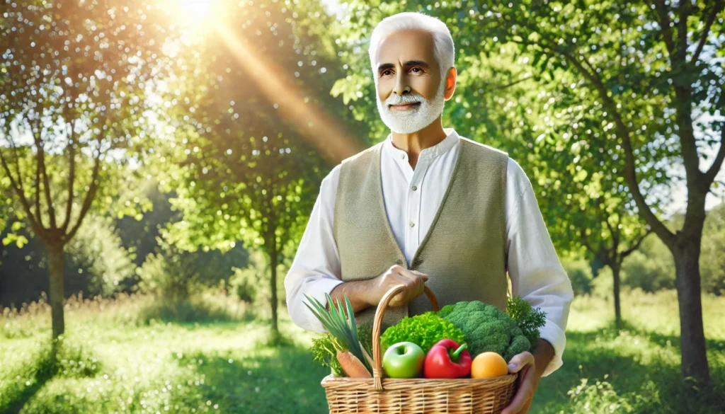 Senior enjoying a nature walk with a basket of fresh produce, embodying the connection between outdoor activity, diet, and brain health in aging.