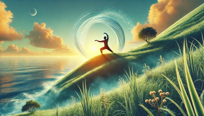 Individual practicing tai chi on a grassy cliff at sunrise overlooking the ocean, depicting holistic stress relief through movement and nature.