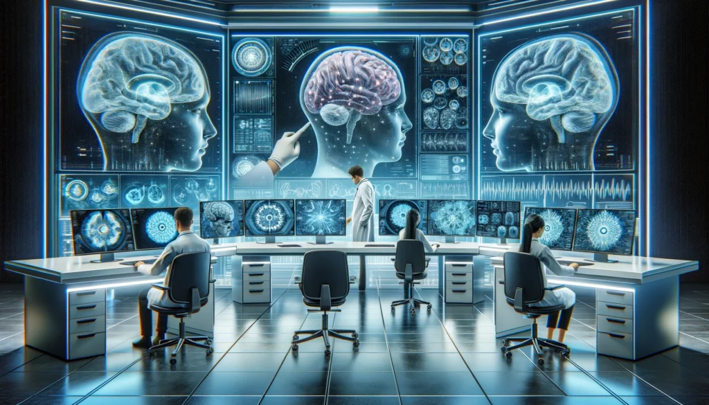 High-tech neuroscience lab with scientists examining digital brain scans and neural networks, representing cutting-edge research in stress and cognitive health.