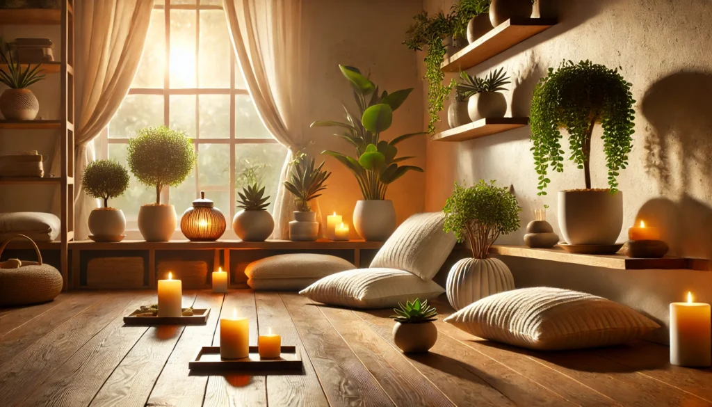 Peaceful indoor meditation space with natural lighting, floor cushions, plants, and candlelight, evoking a sense of calm, focus, and mindful restoration.