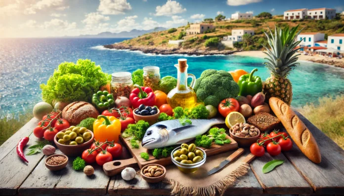 Colorful Mediterranean meal spread featuring fresh fish, vegetables, olives, nuts, and olive oil on a seaside table, representing the lifestyle benefits of a brain-healthy diet.