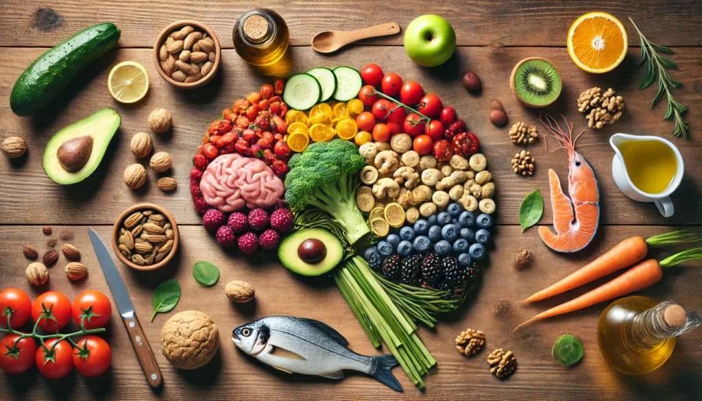 Brain-shaped arrangement of Mediterranean foods including berries, fish, vegetables, and olive oil on a wooden table, symbolizing nutrition’s role in cognitive health.