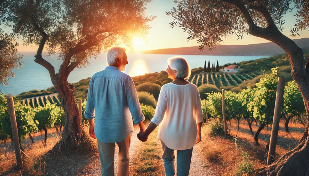 Elderly couple walking hand-in-hand along a coastal Mediterranean path lined with olive trees, embodying healthy aging and cognitive vitality through lifestyle choices.