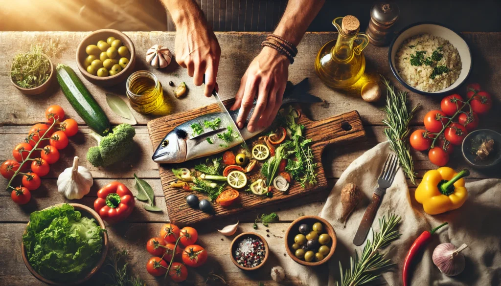 Top-down view of a rustic Mediterranean kitchen where fresh vegetables, fish, and herbs are being prepared, reflecting mindful cooking and nutrition for brain support.