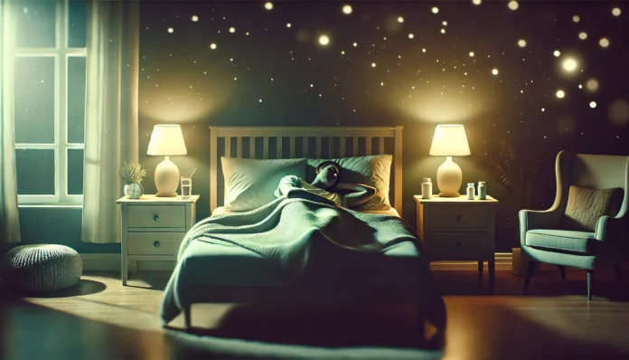 A peaceful bedroom at night with soft lighting, showing a person resting calmly in bed beside a nightstand holding a pill bottle and glass of water, symbolizing anxiety relief and quality sleep.