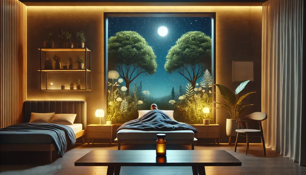 A cozy bedroom interior with plants and soft lighting, where a person sleeps calmly as moonlight shines through a window, reflecting a natural and medicated approach to easing anxiety and improving sleep.