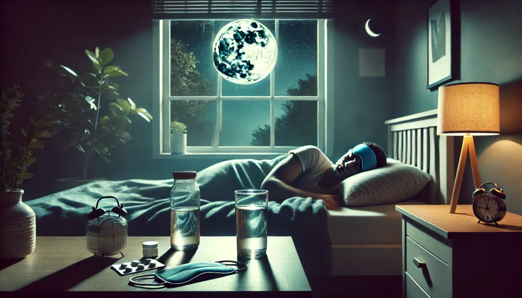 A tranquil bedroom at night with moonlight filtering in, showing a person peacefully sleeping under a blanket, with a nightstand featuring a sleep mask, glass of water, and small medication bottle.