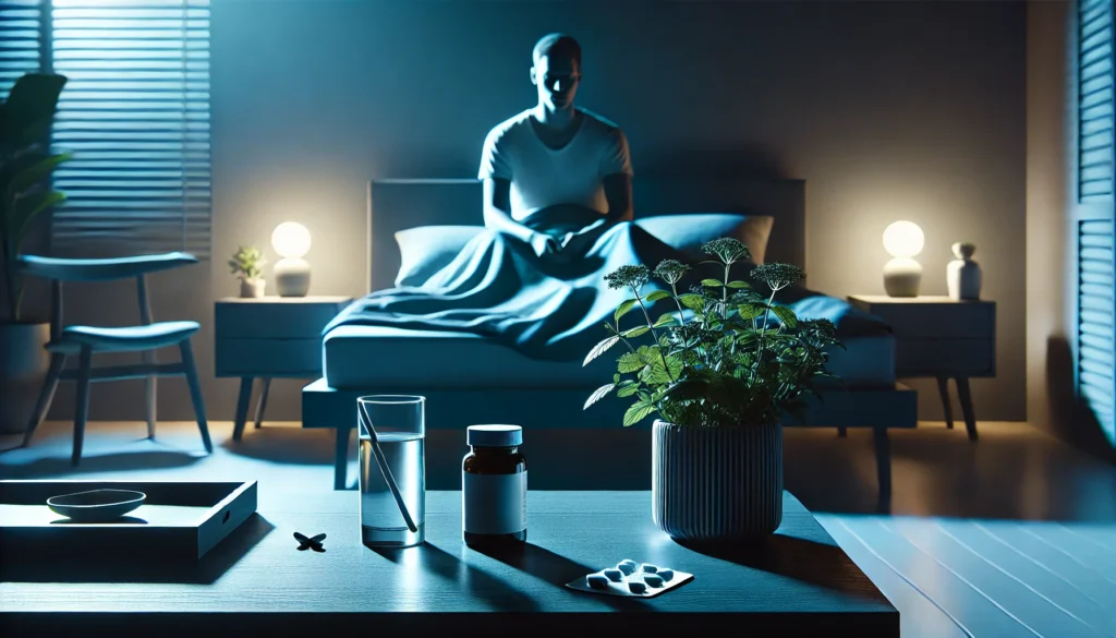 A minimalist modern bedroom at night, bathed in ambient blue light, where a relaxed person lies in bed beside a nightstand with a medication bottle and herbal tea, suggesting a balanced sleep and anxiety aid strategy.