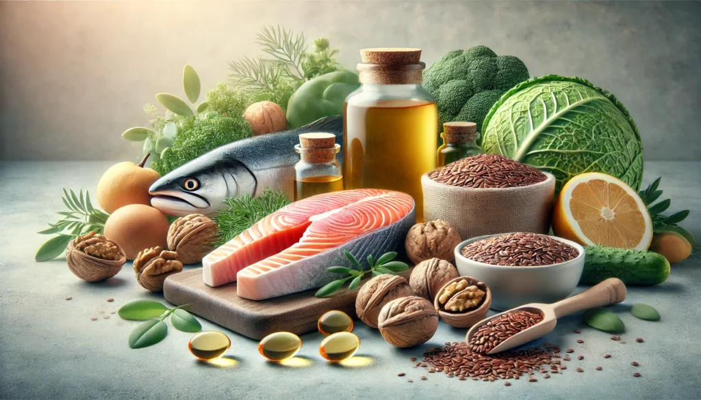 A clean, natural kitchen scene displaying omega-3-rich foods like salmon, walnuts, flaxseeds, and fish oil capsules, visually highlighting dietary sources that support cognitive function and brain health