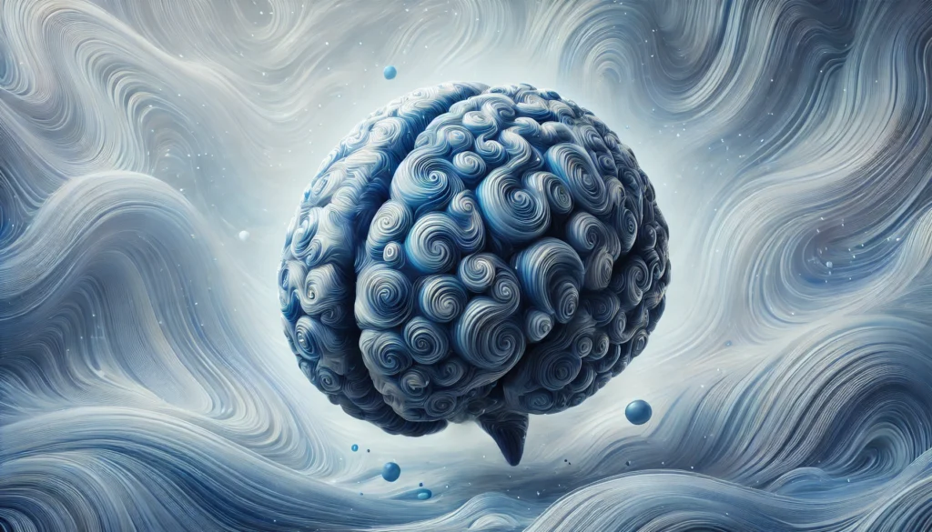 A conceptual image of a brain made from swirling blue oil textures, floating in an abstract background with flowing energy patterns, representing the role of omega-3 fatty acids in brain structure, mood regulation, and memory support.