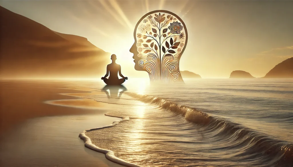 A peaceful coastal sunrise scene with a person meditating by the water, symbolizing mental clarity, emotional balance, and the calming effects of omega-3s on the brain and mood.
