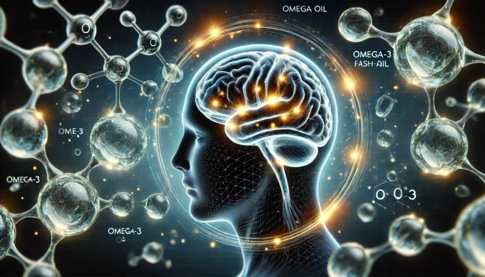 A futuristic 3D visualization of a human brain with glowing neural pathways and surrounding molecular structures, illustrating the scientific exploration of omega-3 fatty acids in brain health and cognitive performance.