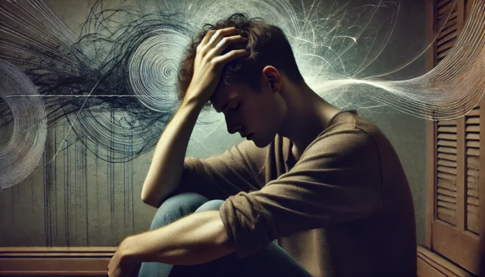 A young adult sits in a dimly lit room, holding their head in pain, surrounded by shadowy swirling patterns symbolizing anxiety and mental tension.