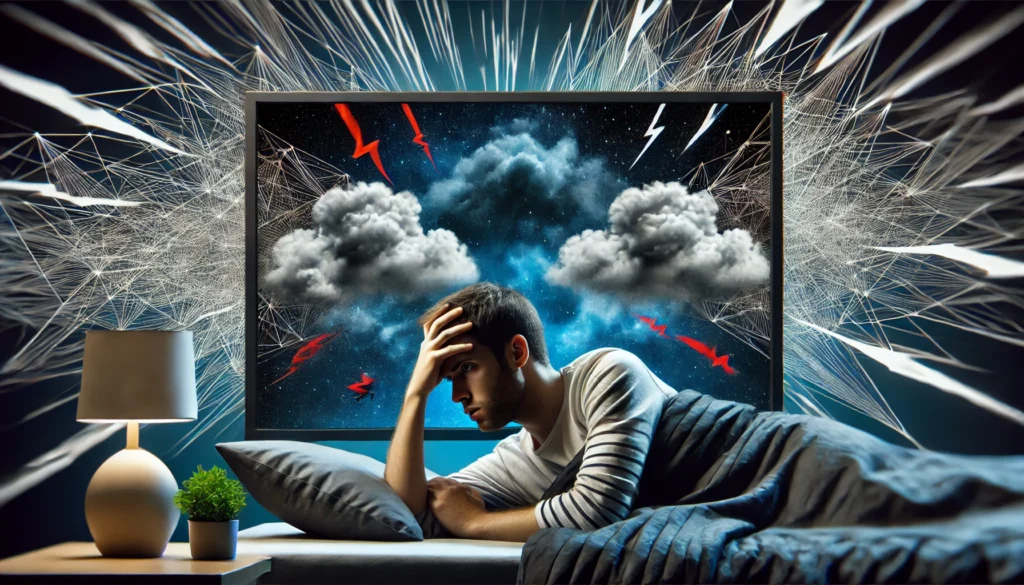 A distressed person lies in bed at night, clutching their forehead as abstract storm clouds hover above, visually representing anxiety-induced insomnia and headache.