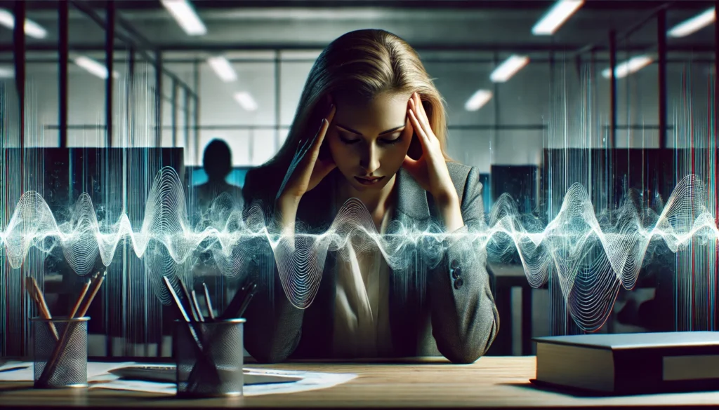 A woman sits at a cluttered office desk, pressing her temples with closed eyes, while subtle rippling patterns evoke stress, tension, and mental fatigue.