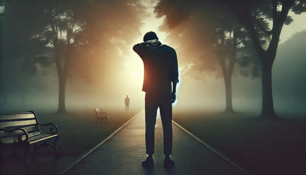 A solitary figure walks through a foggy park at sunrise, hand on the back of their neck, illustrating emotional burden, anxiety, and physical tension.