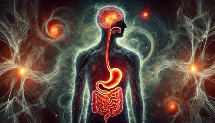 A glowing human silhouette highlights discomfort in the chest, stomach, and head, with swirling background patterns evoking anxiety's impact on internal organs and the nervous system.