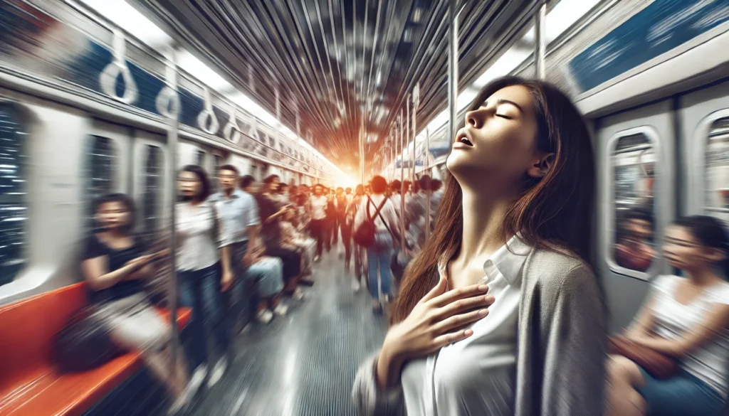 A woman appears dizzy and overwhelmed in a crowded subway, with visual distortions around her chest and head symbolizing anxiety-induced nausea and palpitations in a public setting.