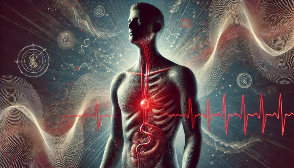 A symbolic figure surrounded by invisible pressure waves and red tension lines around the neck, chest, and abdomen, set against jagged, swirling shadows that represent anxiety's somatic symptoms.