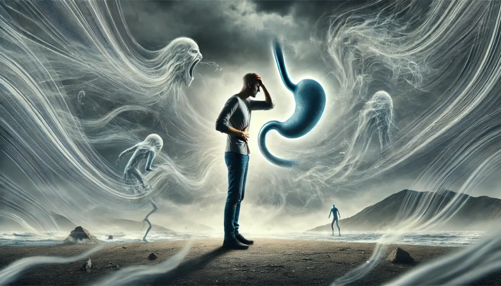 A person stands in a stormy, surreal landscape clutching their stomach and head, surrounded by swirling wind and ghostly shapes that symbolize the overwhelming physical and emotional effects of anxiety.